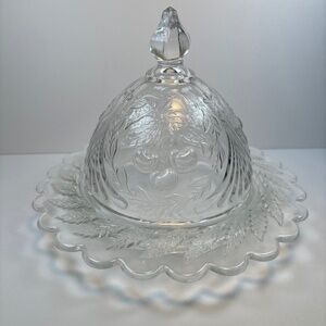 Vintage Cherry Pattern Round Glass Butter Dessert Cheese Dish 5.5” Tall & 7.5” W